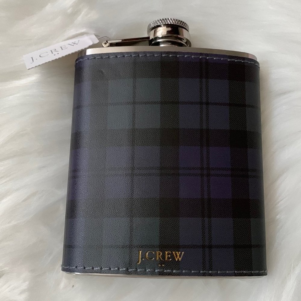 J. CREW Black Watch Plaid Sleeved Stainless Steel Flask